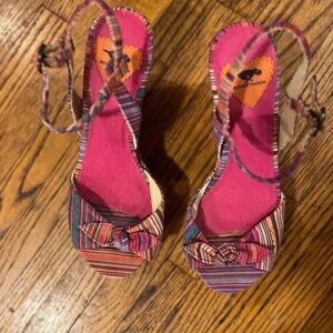 Rocket Dog  Wedge Striped Fabric Sandals with Bow, Size 7 1/2